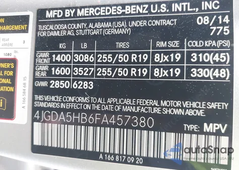 2015 Mercedes-Benz Ml 350 4Matic z USA, uszkodzony, nr VIN 4JGDA5HB6FA457380